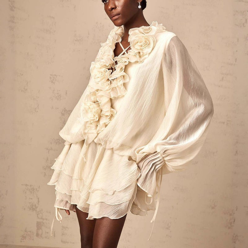 2025 European American French Style 3D Floral Tie Lantern Sleeve Ruffle Loose Dress Set - Image 2