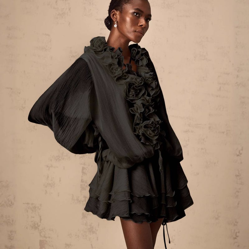 2025 European American French Style 3D Floral Tie Lantern Sleeve Ruffle Loose Dress Set - Image 4