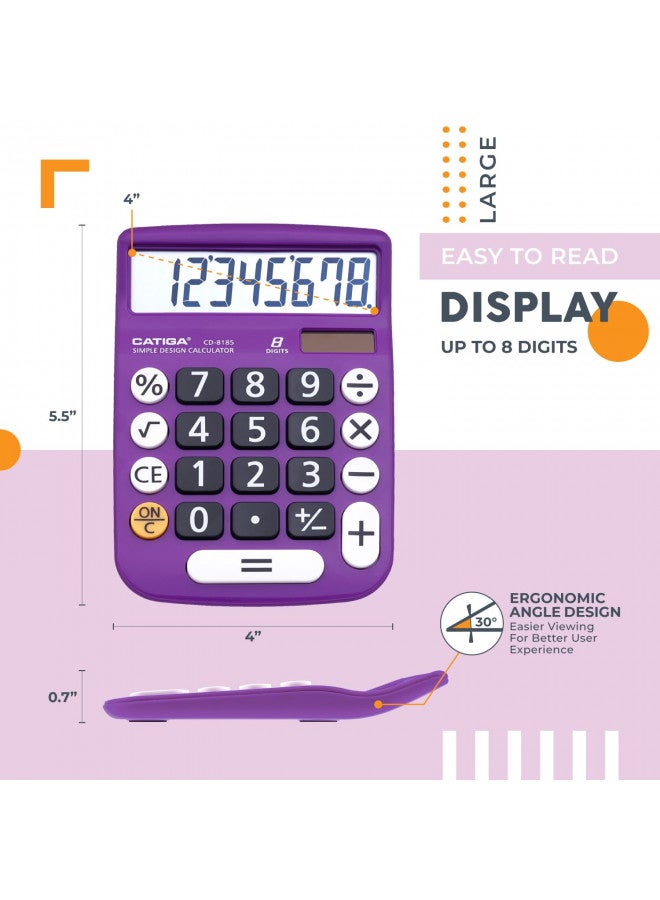CATIGA Desktop Calculator 8-Digit with Large LCD Display and Sensitive Button, Solar and Battery Dual Power, Standard Function for Office, Home, School, CD-8185 (Light Purple)  - Image 2