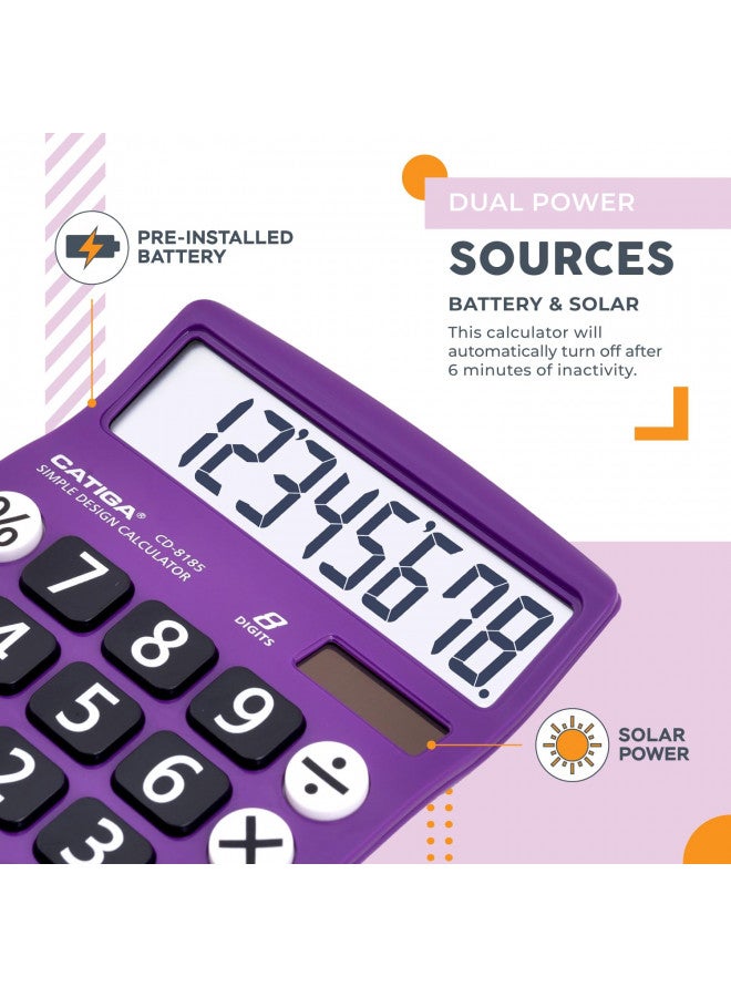 CATIGA Desktop Calculator 8-Digit with Large LCD Display and Sensitive Button, Solar and Battery Dual Power, Standard Function for Office, Home, School, CD-8185 (Light Purple)  - Image 3