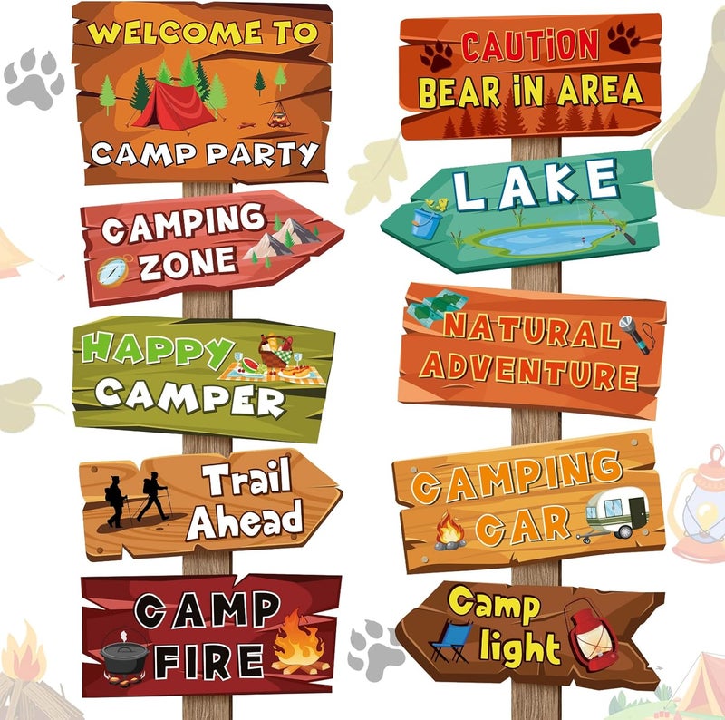 Abilat 20 Pieces Camping Themed Party Decorations Welcome to Camp Party Directional Signs Summer Camping Party Decoration Supplies for Door Wall Yard Signs Photo Props - Image 1