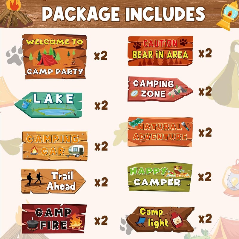 Abilat 20 Pieces Camping Themed Party Decorations Welcome to Camp Party Directional Signs Summer Camping Party Decoration Supplies for Door Wall Yard Signs Photo Props - Image 3