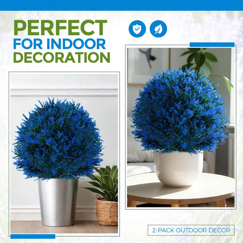 Lunmon 2 Pack 24" Artificial Topiary Ball Plants Trees with Flowers, Outdoor Fake Topiary Plants with Ground Spike, UV Resistant Faux Bushes for Indoor Outdoor Front Door Decor(Blue,Lavender) - Image 3