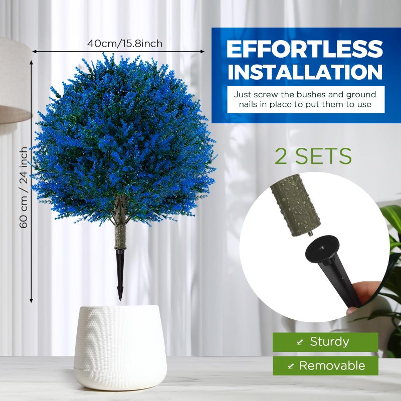 Lunmon 2 Pack 24" Artificial Topiary Ball Plants Trees with Flowers, Outdoor Fake Topiary Plants with Ground Spike, UV Resistant Faux Bushes for Indoor Outdoor Front Door Decor(Blue,Lavender) - Image 2
