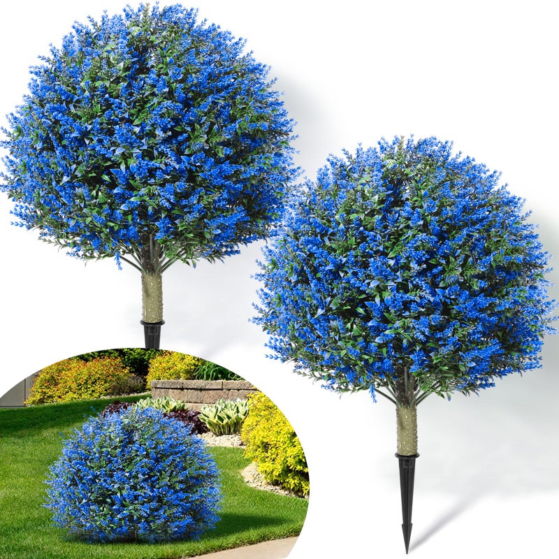 Lunmon 2 Pack 24" Artificial Topiary Ball Plants Trees with Flowers, Outdoor Fake Topiary Plants with Ground Spike, UV Resistant Faux Bushes for Indoor Outdoor Front Door Decor(Blue,Lavender) - Image 1