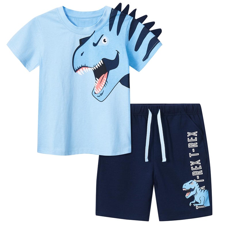 Bumeex Toddler Boy Clothes Outfits Easter Dinosaur Cute Spring Summer Cotton Short Sleeve T-Shirt Tee And Short Clothing Set Lt Blue 3t - Image 1