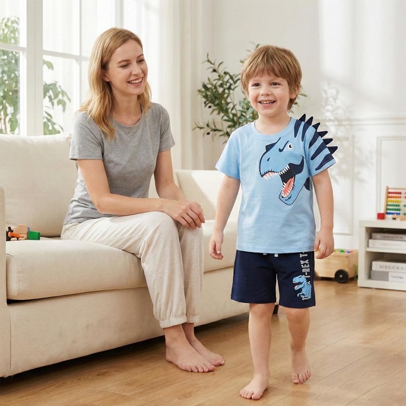 Bumeex Toddler Boy Clothes Outfits Easter Dinosaur Cute Spring Summer Cotton Short Sleeve T-Shirt Tee And Short Clothing Set Lt Blue 3t - Image 2