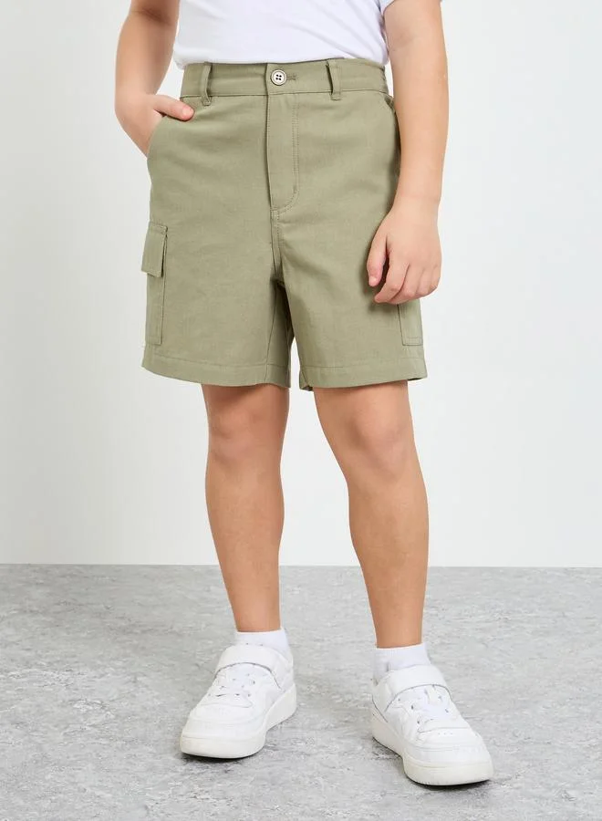 تايك تو Green Cotton Regular Fit Cargo Shorts