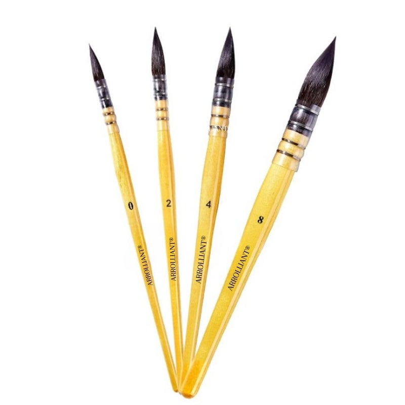 Arrolliant Artist Brown Mop Paintbrushes, 4 Pcs, Synthetic Squirrel Hair, Art Supplies for Painting, Great Watercolor, Acrylic Brush Set Wooden Handle Round Peak