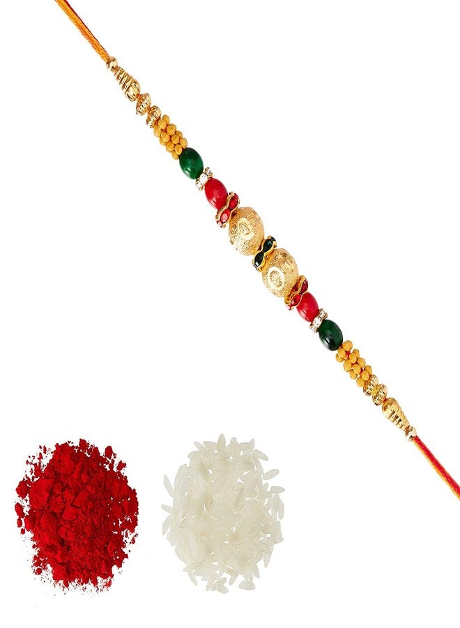 VTFlair Fancy Golden Ball Red Green Beads Rakhi with Roli Chawal Tilak For Men Boys (Golden) Rakhi for Brother-064