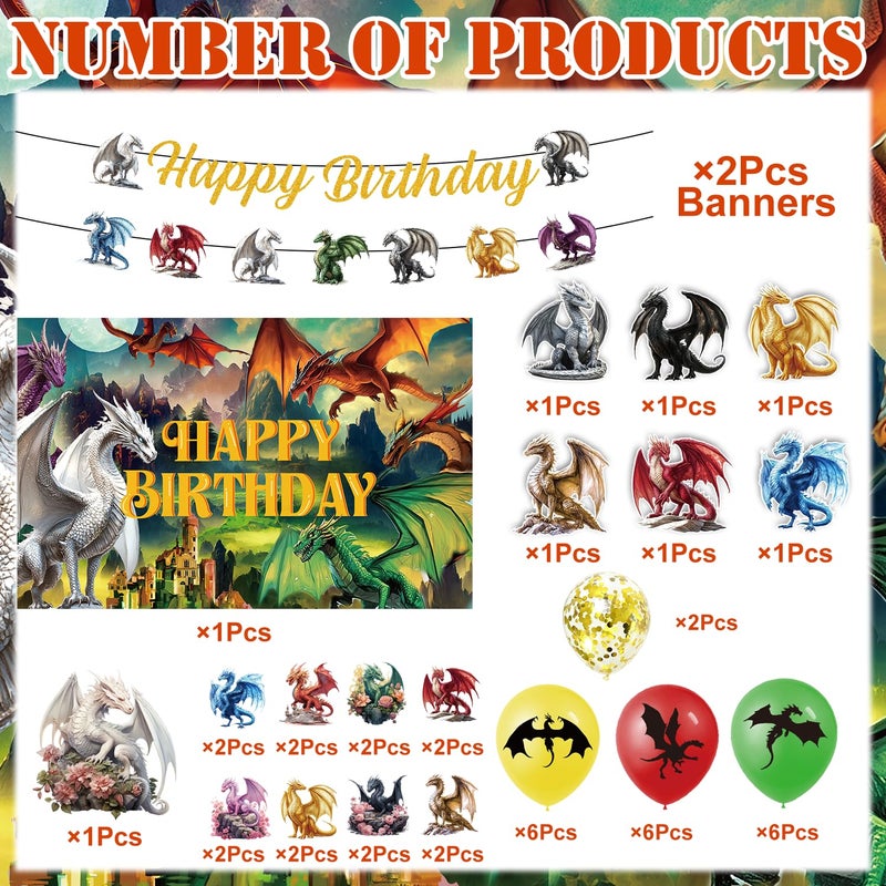Inisajace Dragon Birthday Party Decorations Set - 44PCS Dragon Theme Decoration Happy Bday Backdrop Banner with Hanging Swirls Decor Magicall Cake Cupcake Toppers and Ballons Dinosaur Supplies - Image 2