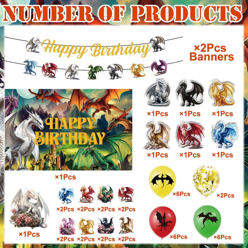 Inisajace Dragon Birthday Party Decorations Set - 44PCS Dragon Theme Decoration Happy Bday Backdrop Banner with Hanging Swirls Decor Magicall Cake Cupcake Toppers and Ballons Dinosaur Supplies - Image 3