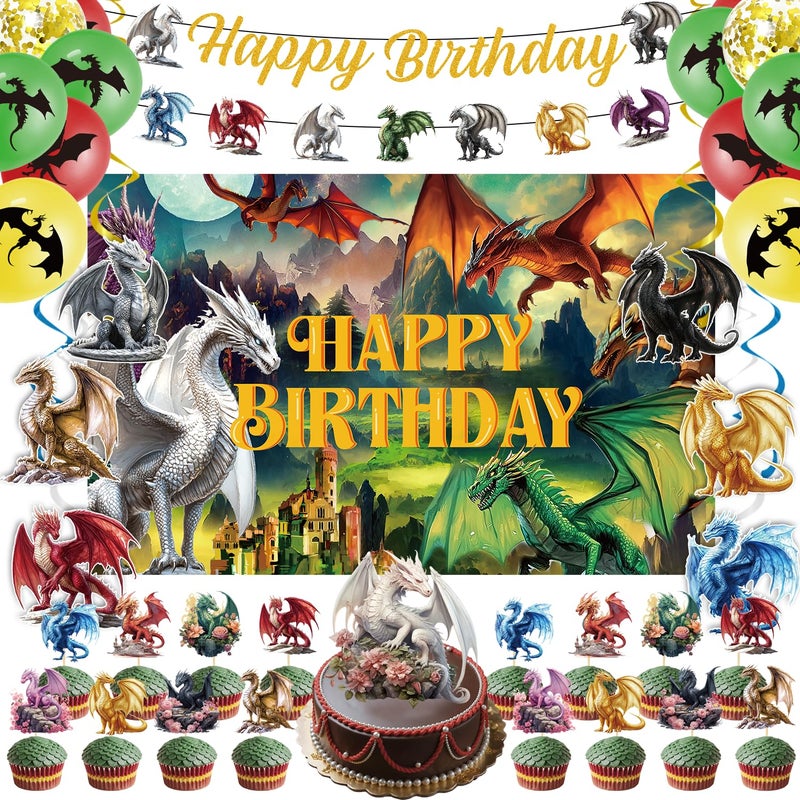 Inisajace Dragon Birthday Party Decorations Set - 44PCS Dragon Theme Decoration Happy Bday Backdrop Banner with Hanging Swirls Decor Magicall Cake Cupcake Toppers and Ballons Dinosaur Supplies - Image 1