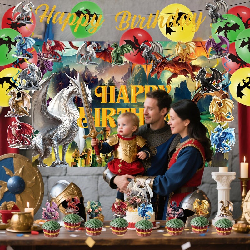 Inisajace Dragon Birthday Party Decorations Set - 44PCS Dragon Theme Decoration Happy Bday Backdrop Banner with Hanging Swirls Decor Magicall Cake Cupcake Toppers and Ballons Dinosaur Supplies - Image 4