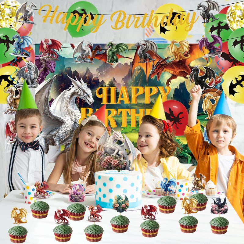 Inisajace Dragon Birthday Party Decorations Set - 44PCS Dragon Theme Decoration Happy Bday Backdrop Banner with Hanging Swirls Decor Magicall Cake Cupcake Toppers and Ballons Dinosaur Supplies - Image 5