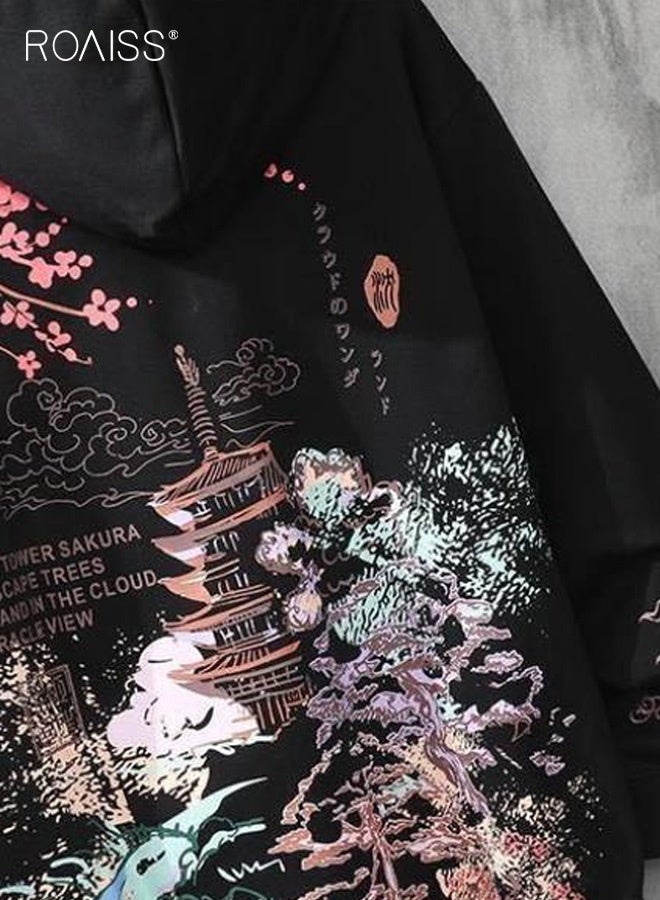 roaiss Mens Y2k Anime Hoodie Harajuku Streetwear with Cherry Blossom Print, Alt Style Pullover for Fall, Oversized Fit with Drop Shoulder and Kangaroo Pocket for Men - Image 3