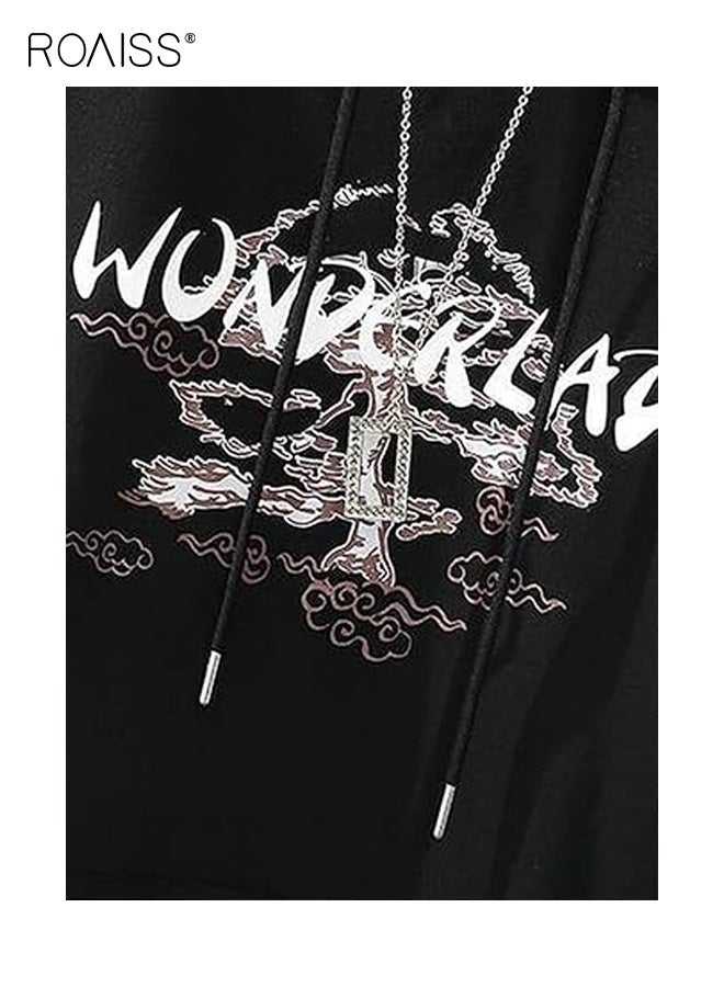 roaiss Mens Y2k Anime Hoodie Harajuku Streetwear with Cherry Blossom Print, Alt Style Pullover for Fall, Oversized Fit with Drop Shoulder and Kangaroo Pocket for Men - Image 5