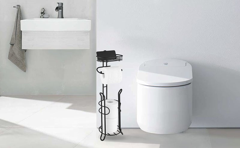 SunnyPoint Bathroom Heavyweight Toilet Tissue Paper Roll Storage Holder Stand with Reserve and Shelve, The Reserve Area Has Enough Space to Store Mega Rolls. (Black) - Image 4