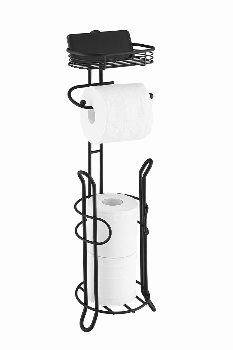 SunnyPoint Bathroom Heavyweight Toilet Tissue Paper Roll Storage Holder Stand with Reserve and Shelve, The Reserve Area Has Enough Space to Store Mega Rolls. (Black) - Image 1