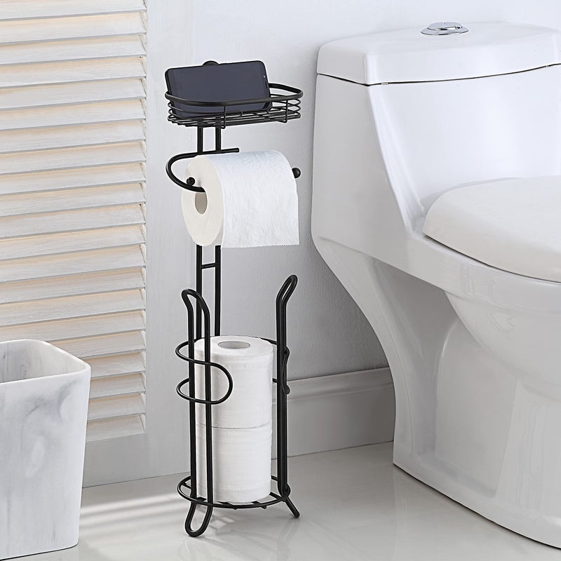 SunnyPoint Bathroom Heavyweight Toilet Tissue Paper Roll Storage Holder Stand with Reserve and Shelve, The Reserve Area Has Enough Space to Store Mega Rolls. (Black) - Image 3