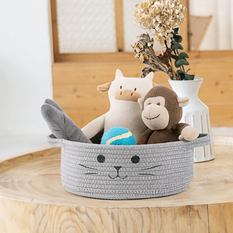 HiChen Small Woven Rope Storage Basket Cute Cat Toy Basket for Living Room Baby Baskets for Nursery Gift Baskets Empty for Baby Shower Grey 98 x 4 inches - Image 5