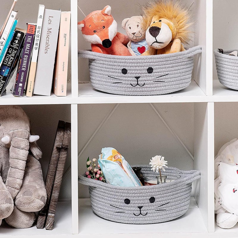 HiChen Small Woven Rope Storage Basket Cute Cat Toy Basket for Living Room Baby Baskets for Nursery Gift Baskets Empty for Baby Shower Grey 98 x 4 inches - Image 4