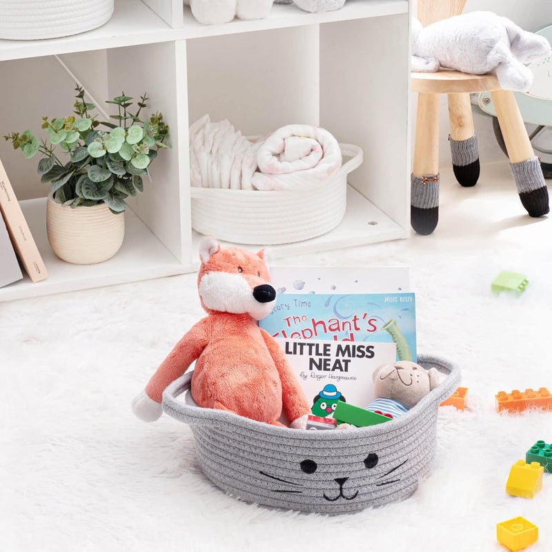 HiChen Small Woven Rope Storage Basket Cute Cat Toy Basket for Living Room Baby Baskets for Nursery Gift Baskets Empty for Baby Shower Grey 98 x 4 inches - Image 2