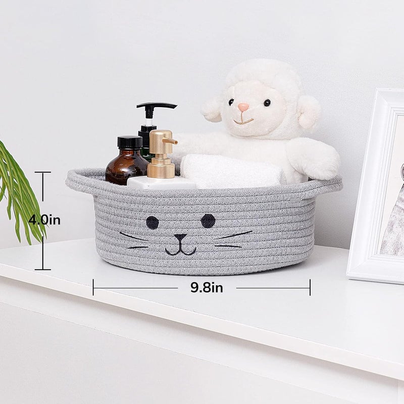 HiChen Small Woven Rope Storage Basket Cute Cat Toy Basket for Living Room Baby Baskets for Nursery Gift Baskets Empty for Baby Shower Grey 98 x 4 inches - Image 3