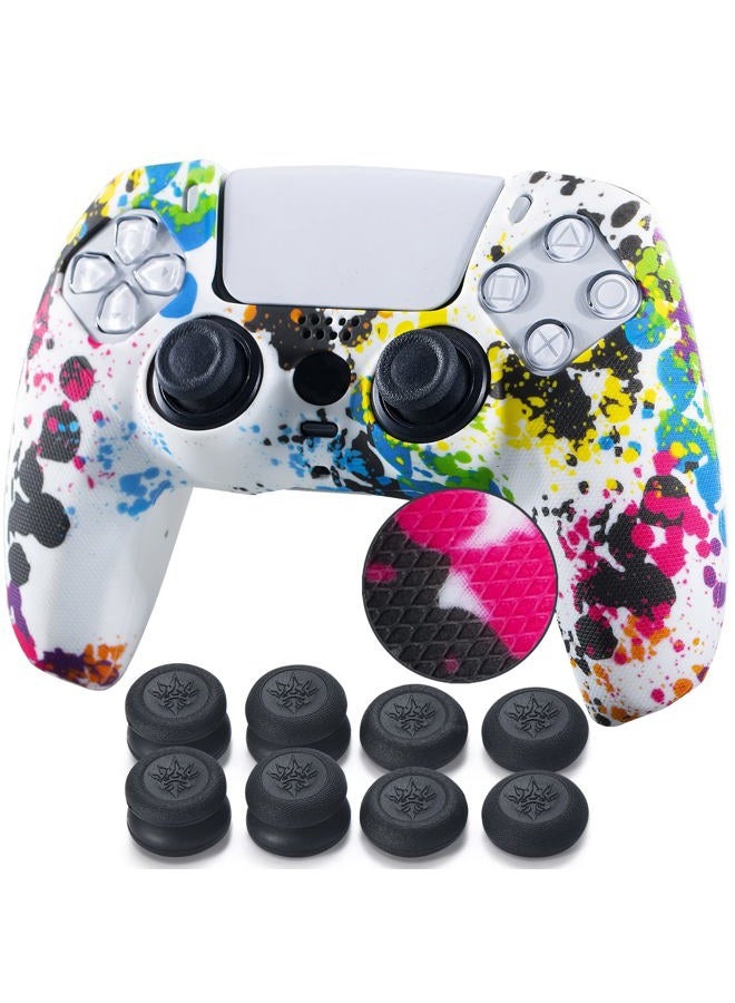 YoRHa Studded Printing Silicone Rubber Customizing Skin Cover for PS5 Dualsense Controller x 1(Graffiti) With Pro thumb grips x 8 - Image 1