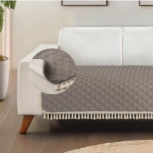 Urban Space 2 Seater Microfiber Quilted Sofa Cover mat with Tassels, Easy Care & Machine Washable Cover, Anti-Slip Backing Sofa Seat Runner for Couch for Living Space (2 Seater - Mocha Brown) - Image 1