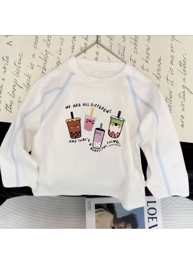 Children's Pure Cotton Round Neck Long-sleeved Boy's Spring & Fall Baby White New Simple Medium And Large Boy's Loose Bottoming Shirt