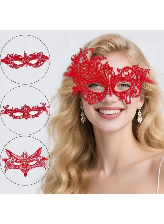 KASTWAVE 3 Pieces Women Lace Eye Mask, Masquerade Masks Mysterious Face Venetian Eyemask for Carnival Party Costume Ball, Red - Image 1
