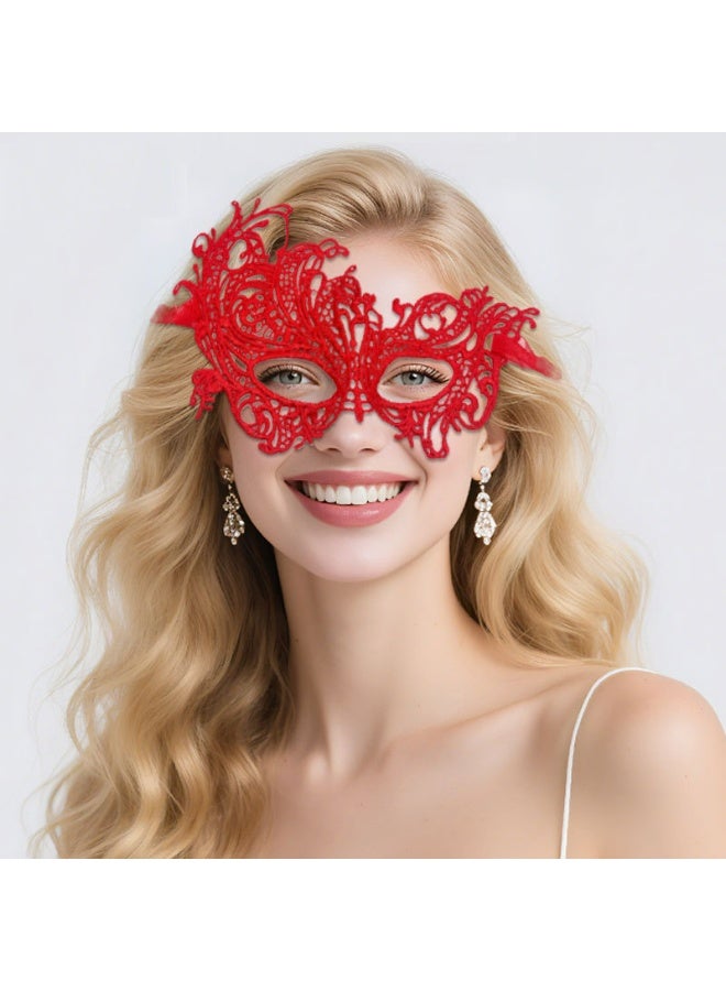 KASTWAVE 3 Pieces Women Lace Eye Mask, Masquerade Masks Mysterious Face Venetian Eyemask for Carnival Party Costume Ball, Red - Image 2