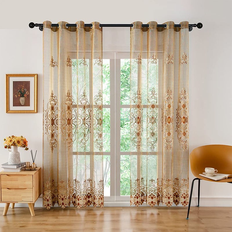 ELKCA Brown Embroidered Sheer Curtains for Living Room Luxury Sheer Tulle Curtains for BedroomW52inch by L96inchGrommet TopPack of 2