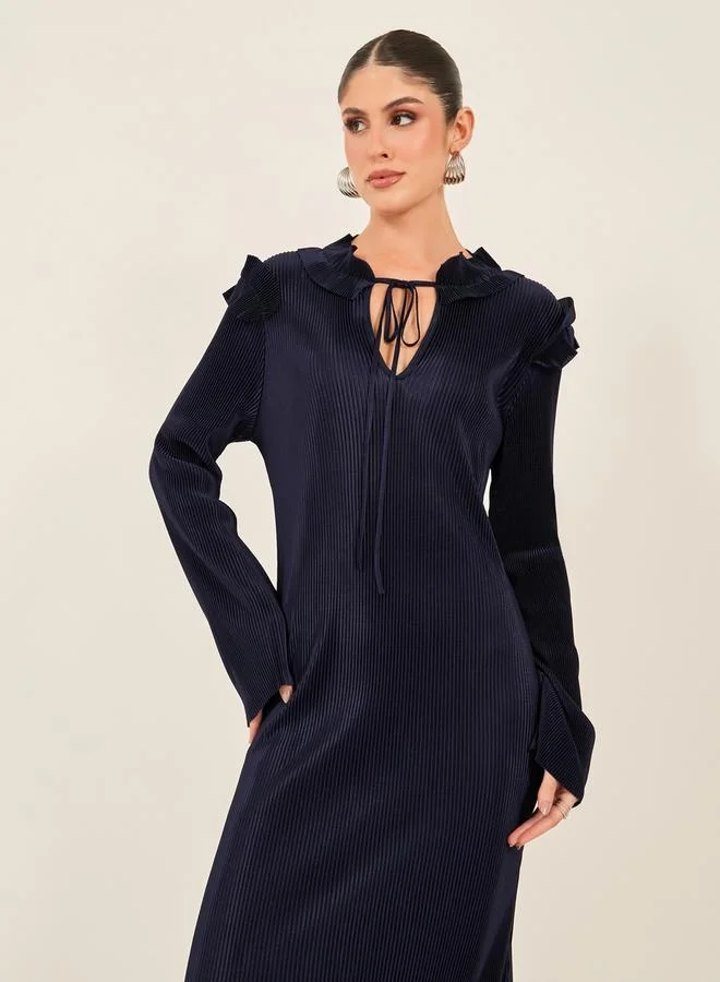 Styli Textured Tie Up Neck Shift Maxi Dress