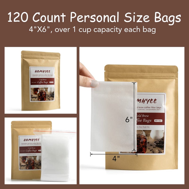 HOMYHEE HOMYHEE No Mess Cold Brew Coffee Filters - 120 Count Disposable Fine Mesh Brewing Bags for Concentrate/Iced Coffee Maker, French/Cold Press Kit, Hot Tea in Mason Jar or Pitcher, 4 x 6 Inches  - Image 2