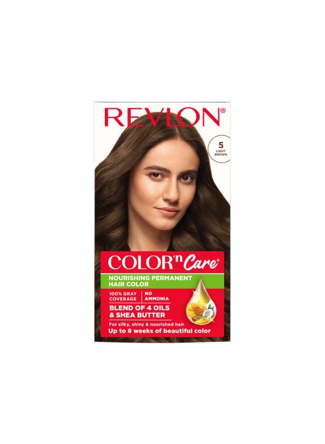 REVLON Color 'n Care NOURISHING PERMANENT HAIR COLOR - 5 Light Brown - Has essentials oils of Coconut Argan, Sunflower & Jojoba oil, along with shea butter - Image 1
