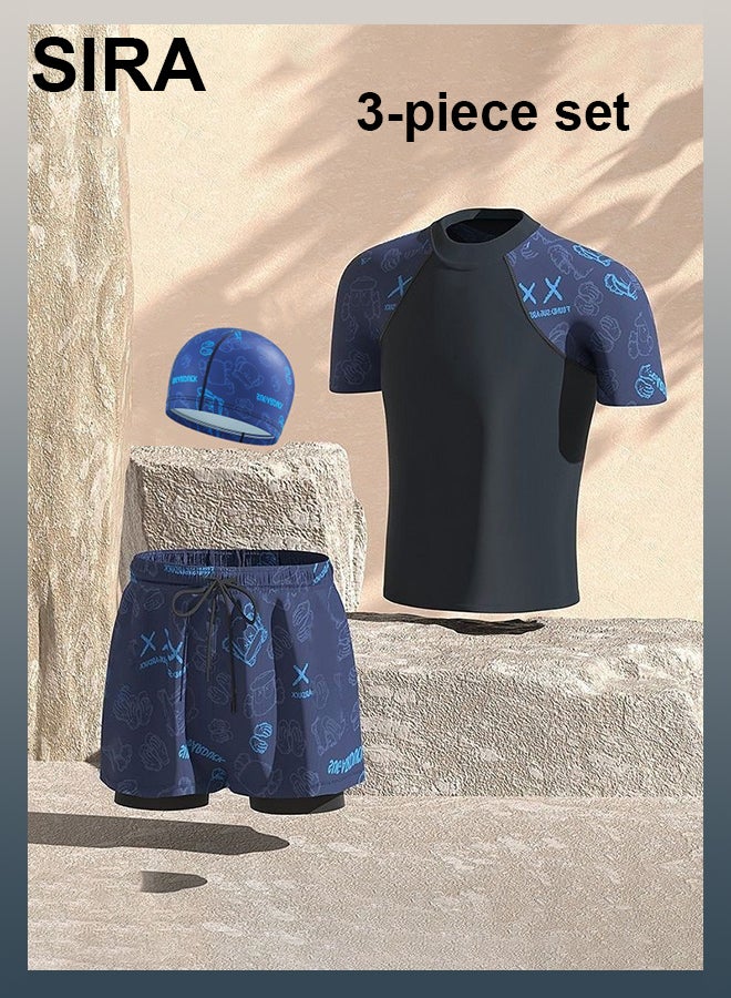 العربية طقم ملابس سباحة رجالي سريع الجفاف من 3 قطع - قميص سباحة بعامل حماية من الأشعة فوق البنفسجية 50+ + شورت سباحة وقبعة مضادة للإحراج للشاطئ/المسبح/الغوص | ملابس سباحة رياضية خفيفة الوزن للرجال - Image 1