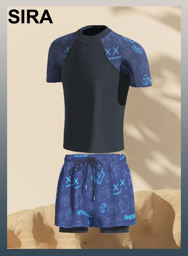 العربية طقم ملابس سباحة رجالي سريع الجفاف من 3 قطع - قميص سباحة بعامل حماية من الأشعة فوق البنفسجية 50+ + شورت سباحة وقبعة مضادة للإحراج للشاطئ/المسبح/الغوص | ملابس سباحة رياضية خفيفة الوزن للرجال - Image 5