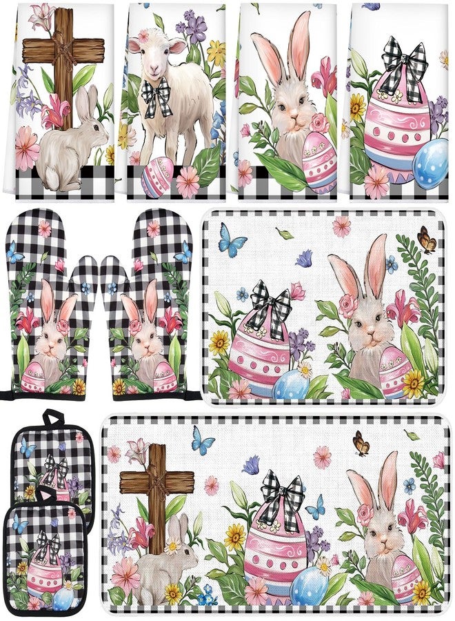 snaxuda 10 Pcs Kitchen Decor Set Bunny Kitchen Towels and Rugs Oven Mitts Pot Holders Absorbent Towels for Baking Cooking BBQ Gifts Home Decor Easter - Image 1