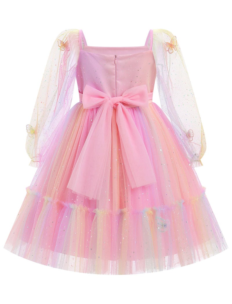 ODOLDI Kids Girls Birthday Party Long Sleeve Star Glitters Tulle Tutu Dress 3D Butterfly Star Sequins Ruffle Dress - Image 2