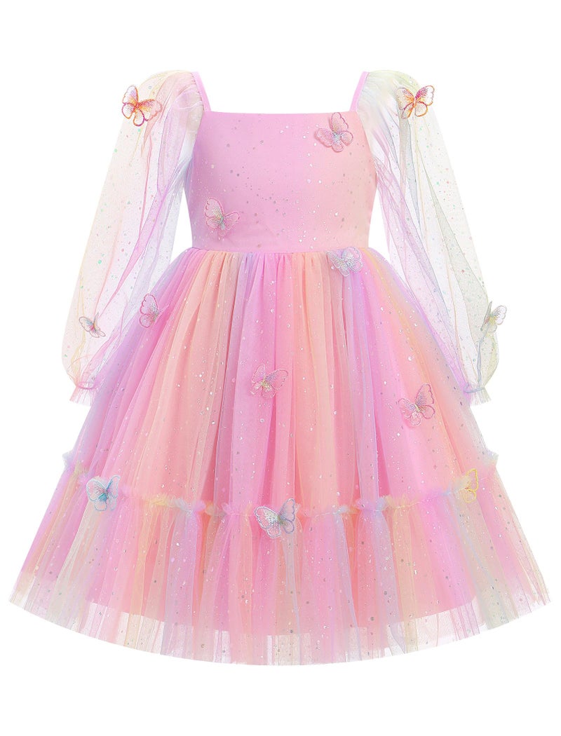 ODOLDI Kids Girls Birthday Party Long Sleeve Star Glitters Tulle Tutu Dress 3D Butterfly Star Sequins Ruffle Dress - Image 1