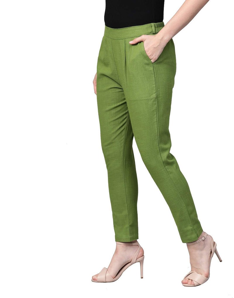 Yash Gallery Women's Plus Size Solid Cotton Slub Ankle Length Mid Rise Trouser Pant (Green, XXL) Fit Type : Regular Fit - Image 3