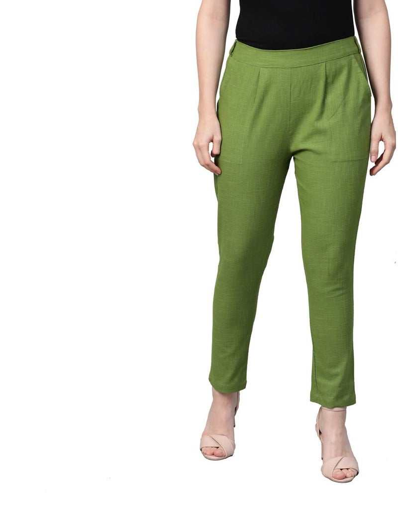 Yash Gallery Women's Plus Size Solid Cotton Slub Ankle Length Mid Rise Trouser Pant (Green, XXL) Fit Type : Regular Fit - Image 1