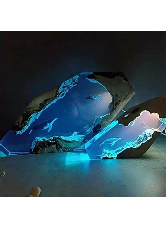 Generic - Kedejin Creative Epoxy Resin Wood Light Lamp, Large Diver and Humpback Whale Led Lights Night Light ,Deep Sea Cave Diving Nightlight B - Image 1