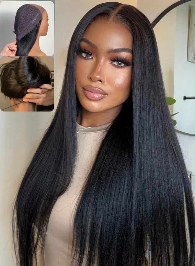 Nadula Bye Bye Knots No Slip Yaki Straight Glueless Drawstring Wig Human Hair with Flexible Mesh Cap Fits All Head, Pre Cut 7x5 Bye-Bye Slip HD Lace Front Pre Everything Light Yaki Straight Wig 14inch - Image 1