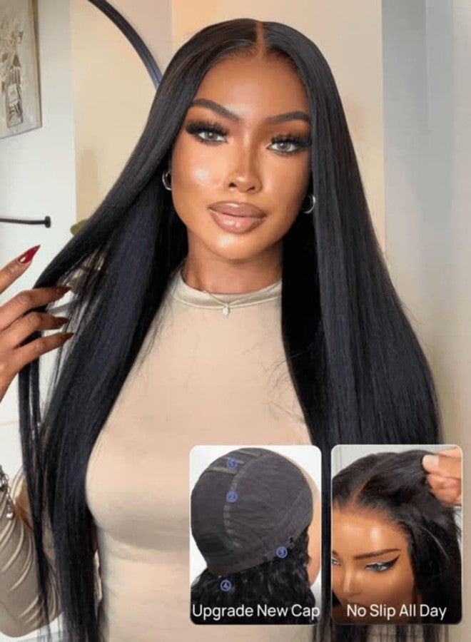 Nadula Bye Bye Knots No Slip Yaki Straight Glueless Drawstring Wig Human Hair with Flexible Mesh Cap Fits All Head, Pre Cut 7x5 Bye-Bye Slip HD Lace Front Pre Everything Light Yaki Straight Wig 14inch - Image 2