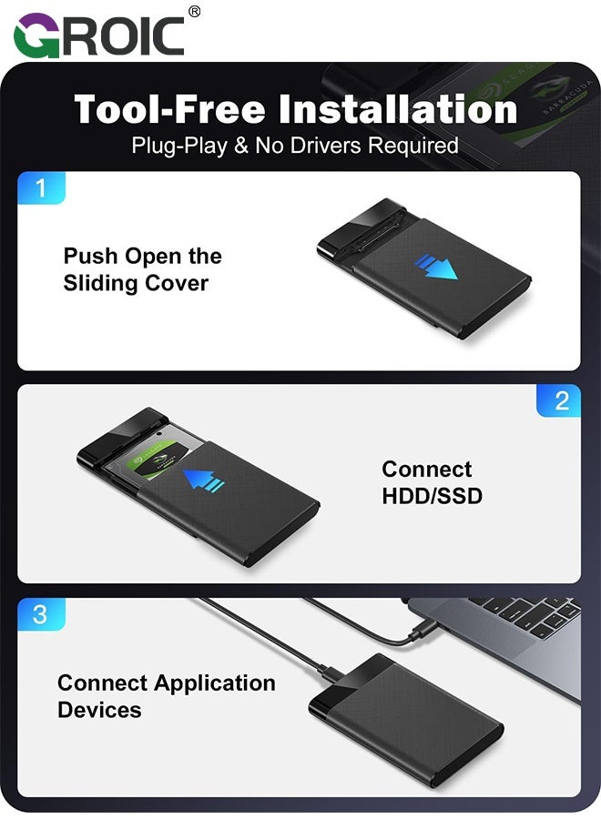 GROIC 2.5'' External Hard Drive Enclosure, 6Gbps USB C 3.1 Gen 2 to SATA III Tool-Free External Hard Drive Case for 7mm/9.5mm 2.5 inch SSD HDD with UASP, Compatible with WD Toshiba Samsung PS4 Xbox - Image 5