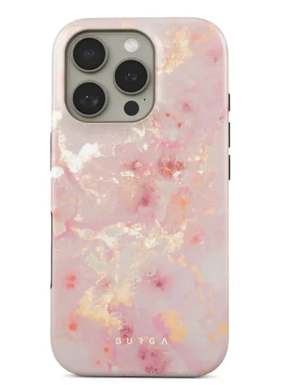 BURGA Premium Case Compatible with iPhone 16 Pro - Hybrid Dual-Layer Hard Shell + Silicone Protection - Golden Coral Pink Jade Stone Design with Gold Glitter Marble - Scratch-Resistant Shockproof Cover -Golden Coral