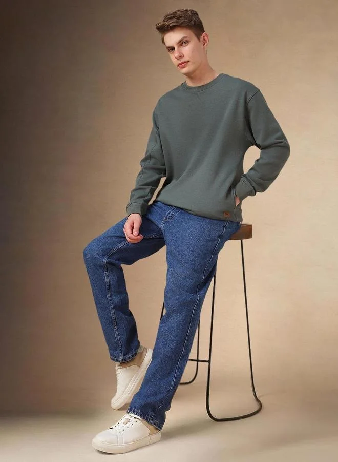 Dennis Lingo Men Olive Green Round Neck Sweatshirt